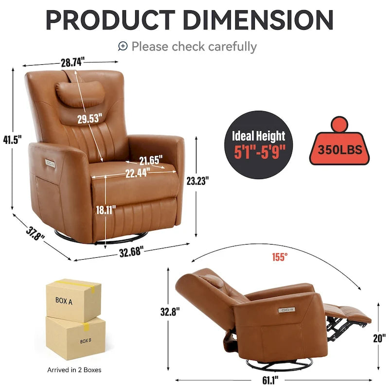 Fauteuil à bascule électrique pivotant avec oreillers de soutien lombaire et cervical.