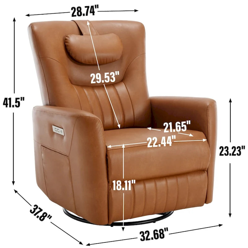 Fauteuil à bascule électrique pivotant avec oreillers de soutien lombaire et cervical.