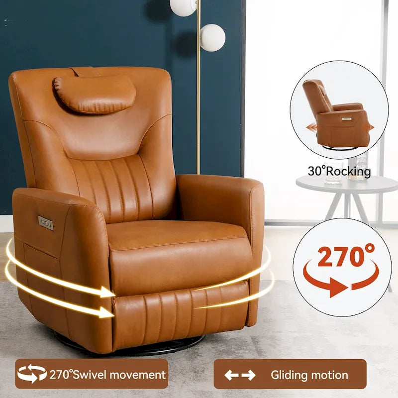 Fauteuil à bascule électrique pivotant avec oreillers de soutien lombaire et cervical.