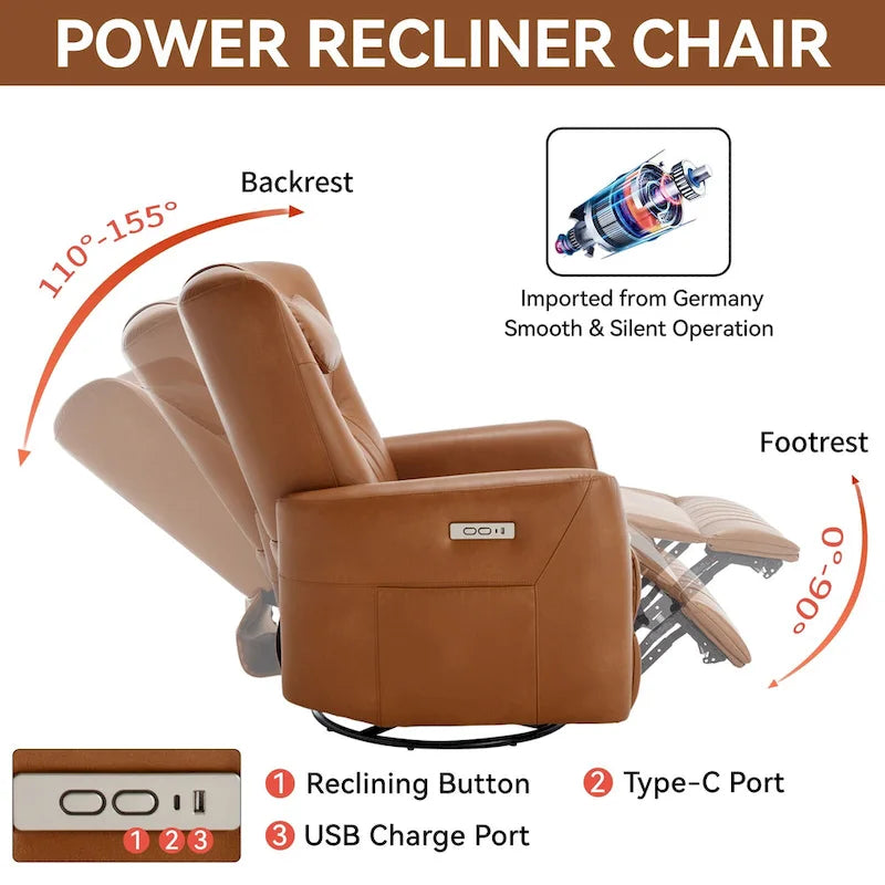 Fauteuil à bascule électrique pivotant avec oreillers de soutien lombaire et cervical.