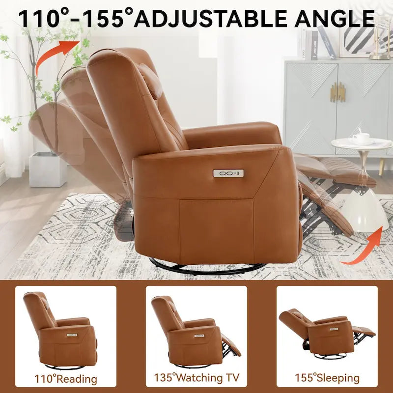 Fauteuil à bascule électrique pivotant avec oreillers de soutien lombaire et cervical.