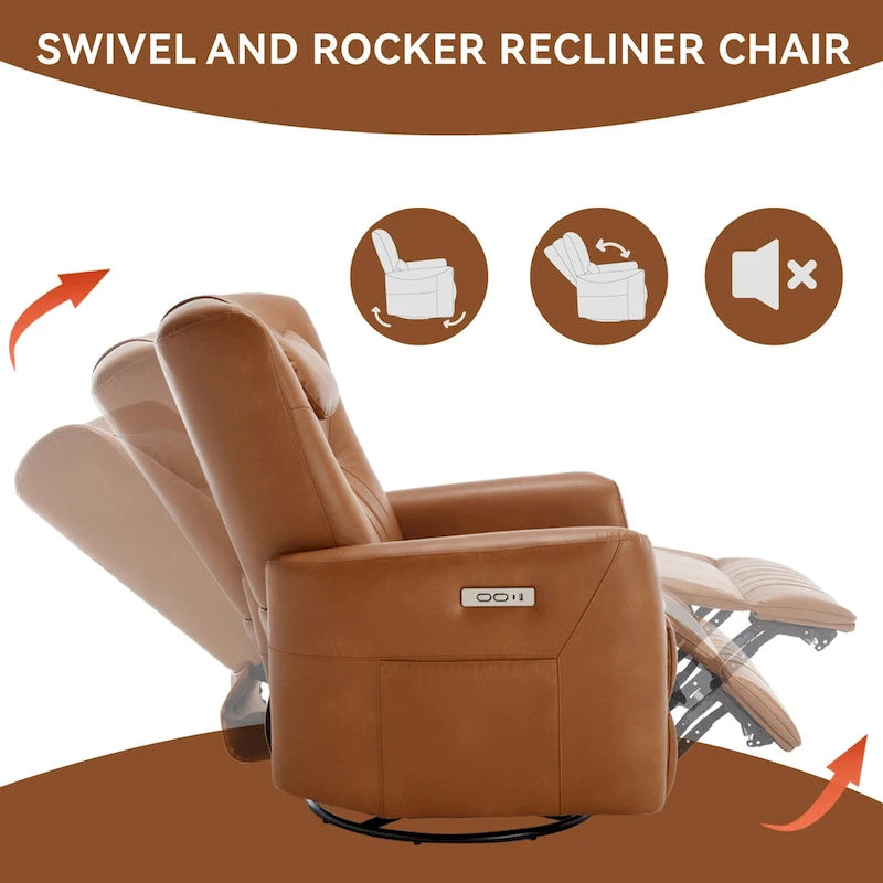 Fauteuil à bascule électrique pivotant avec oreillers de soutien lombaire et cervical.