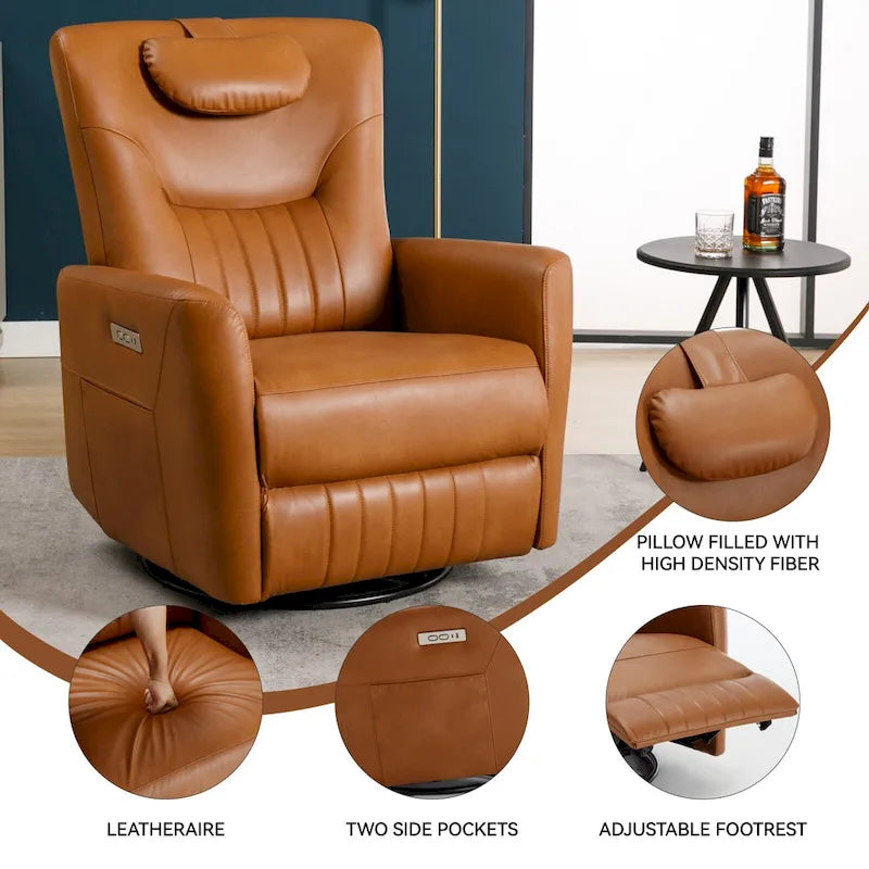 Fauteuil à bascule électrique pivotant avec oreillers de soutien lombaire et cervical.