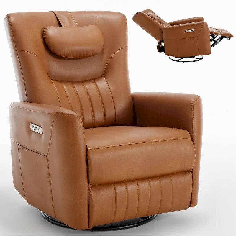 Fauteuil à bascule électrique pivotant avec oreillers de soutien lombaire et cervical.
