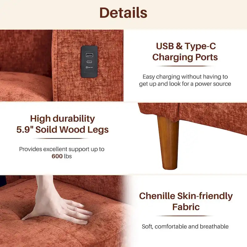 Canapé moderne en tissu chenille avec ports USB pour salon