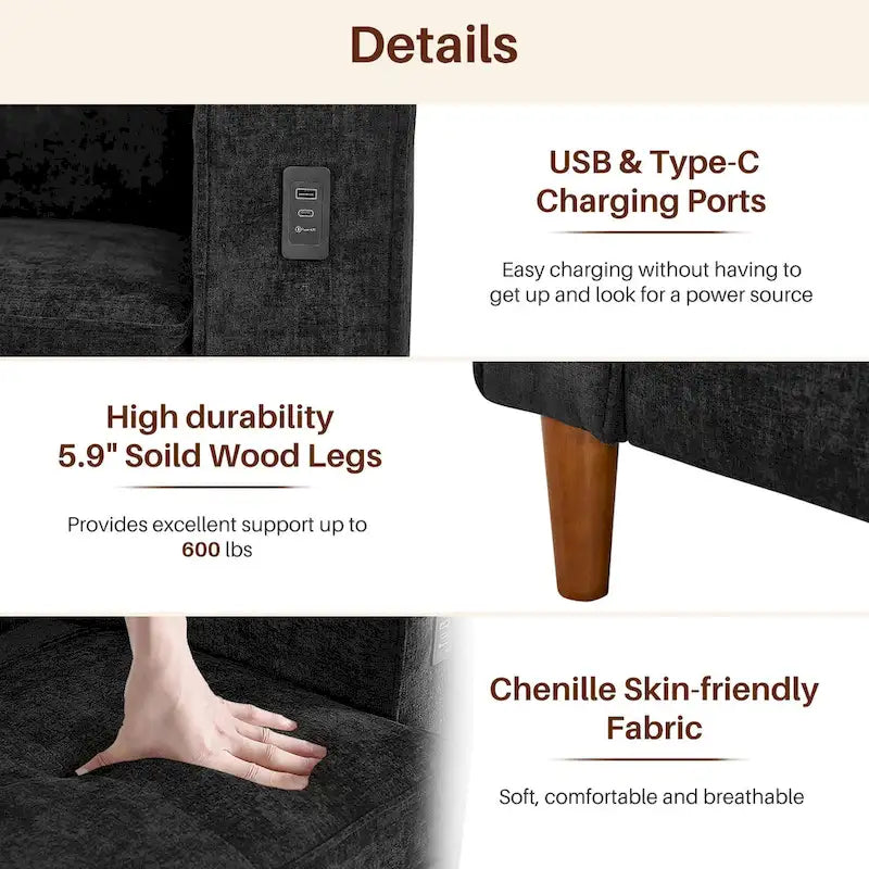 Canapé moderne en tissu chenille avec ports USB pour salon