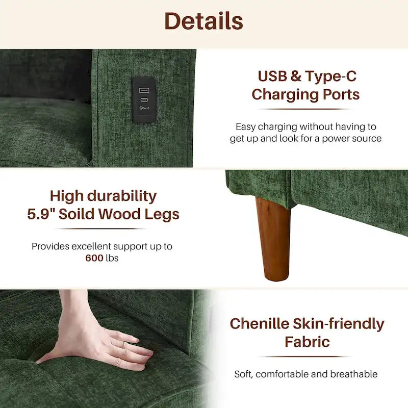 Canapé moderne en tissu chenille avec ports USB pour salon