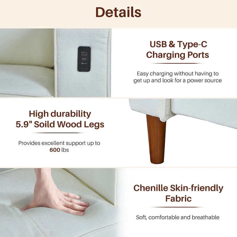 Canapé moderne en tissu chenille avec ports USB pour salon