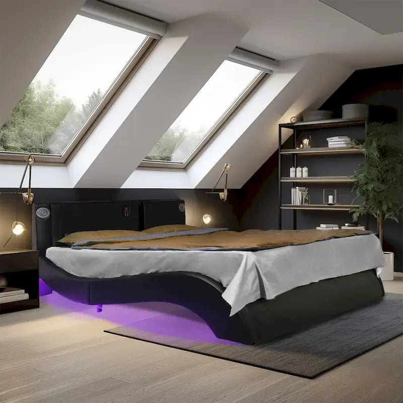 Lit plateforme rembourré en similicuir