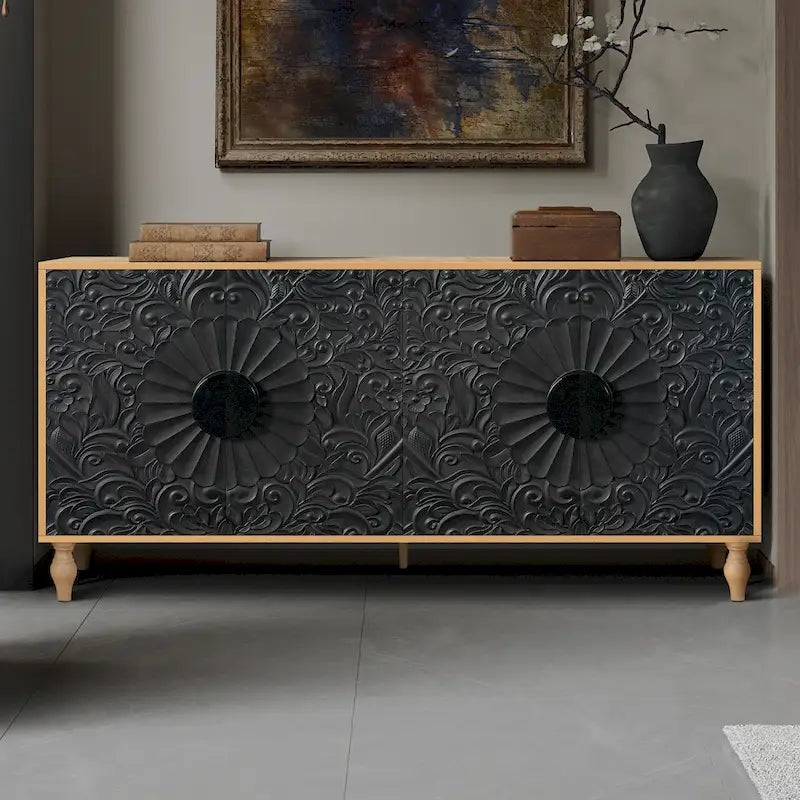 Meuble TV de salon — Avec portes sculptées et étagères de présentation