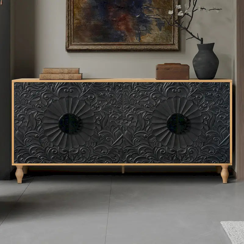 Meuble TV de salon — Avec portes sculptées et étagères de présentation