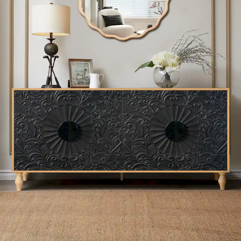 Meuble TV de salon — Avec portes sculptées et étagères de présentation