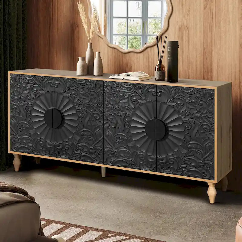 Meuble TV de salon — Avec portes sculptées et étagères de présentation