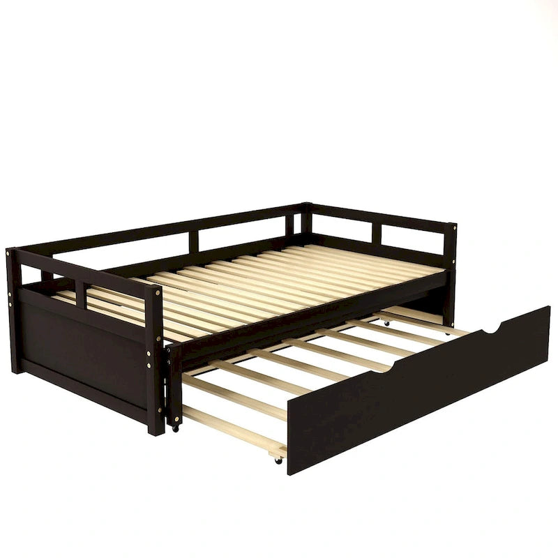 Lit de repos double extensible en pin noir avec lit gigogne – Cadre robuste et sommier à lattes inclus