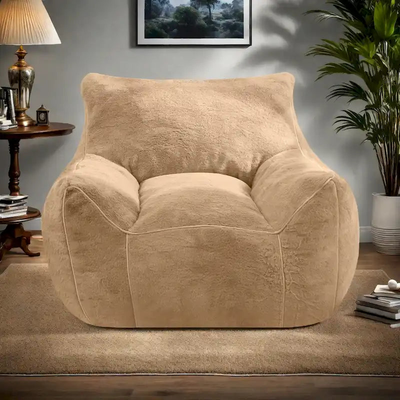 Pouf poire en fausse fourrure avec support dorsal, remplissage en mousse déchiquetée haute densité