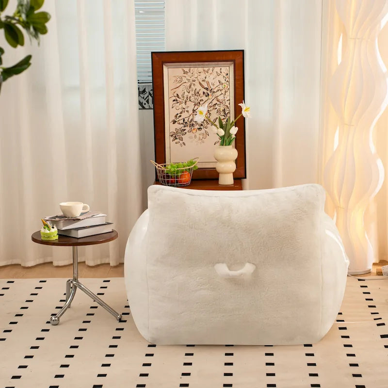 Pouf poire en fausse fourrure avec support dorsal, remplissage en mousse déchiquetée haute densité