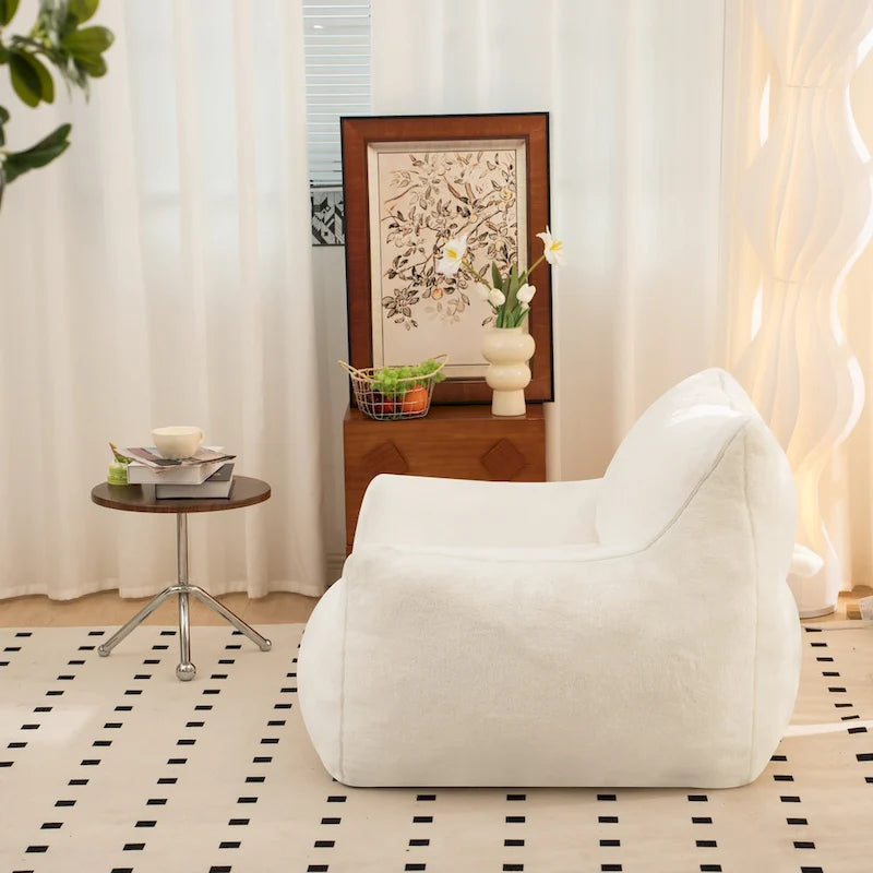 Pouf poire en fausse fourrure avec support dorsal, remplissage en mousse déchiquetée haute densité