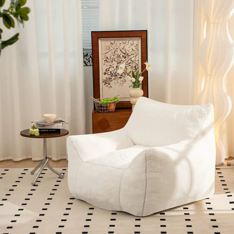 Pouf poire en fausse fourrure avec support dorsal, remplissage en mousse déchiquetée haute densité