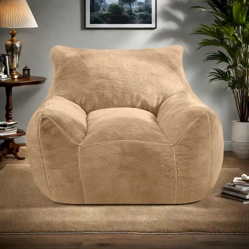Pouf poire en fausse fourrure avec support dorsal, remplissage en mousse déchiquetée haute densité