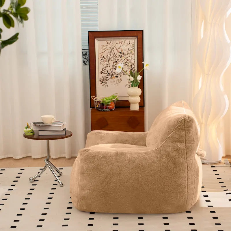 Pouf poire en fausse fourrure avec support dorsal, remplissage en mousse déchiquetée haute densité