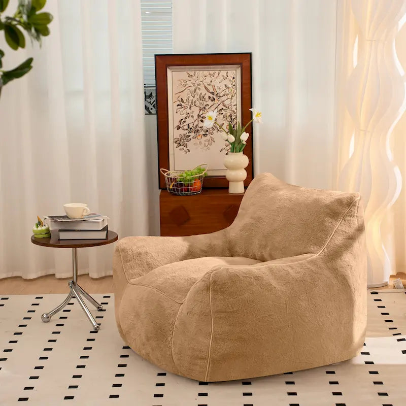 Pouf poire en fausse fourrure avec support dorsal, remplissage en mousse déchiquetée haute densité
