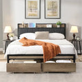 Lit double en métal noir et gris avec tête de lit rembourrée et rangement et port USB