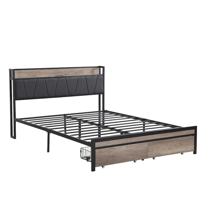 Lit double en métal noir et gris avec tête de lit rembourrée et rangement et port USB