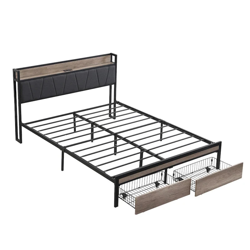 Lit double en métal noir et gris avec tête de lit rembourrée et rangement et port USB