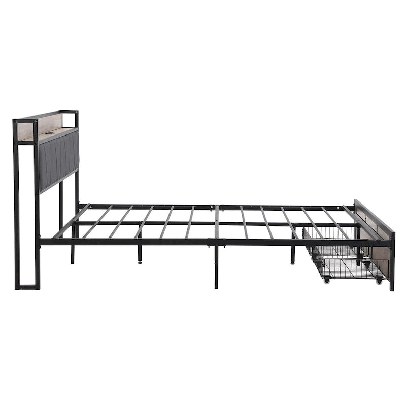 Lit double en métal noir et gris avec tête de lit rembourrée et rangement et port USB