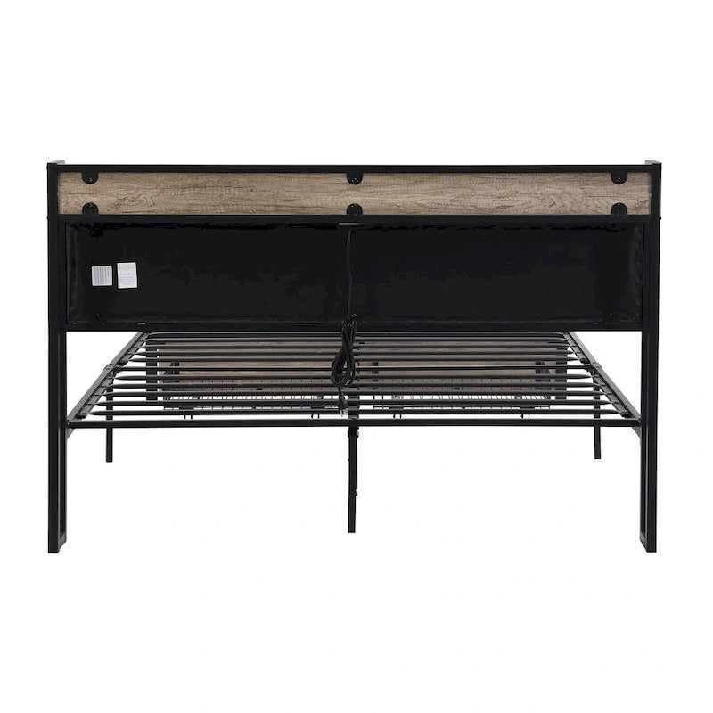 Lit double en métal noir et gris avec tête de lit rembourrée et rangement et port USB