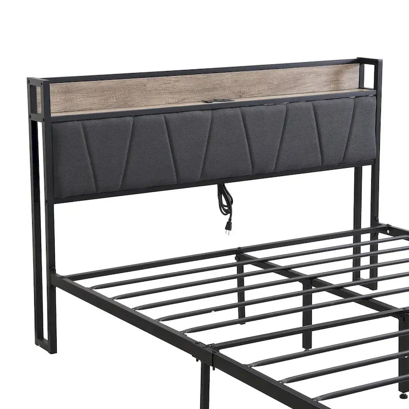Lit double en métal noir et gris avec tête de lit rembourrée et rangement et port USB
