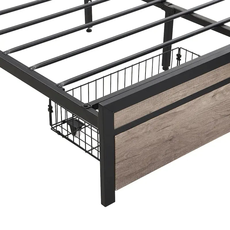 Lit double en métal noir et gris avec tête de lit rembourrée et rangement et port USB