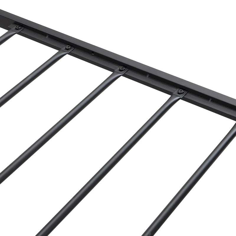 Lit double en métal noir et gris avec tête de lit rembourrée et rangement et port USB
