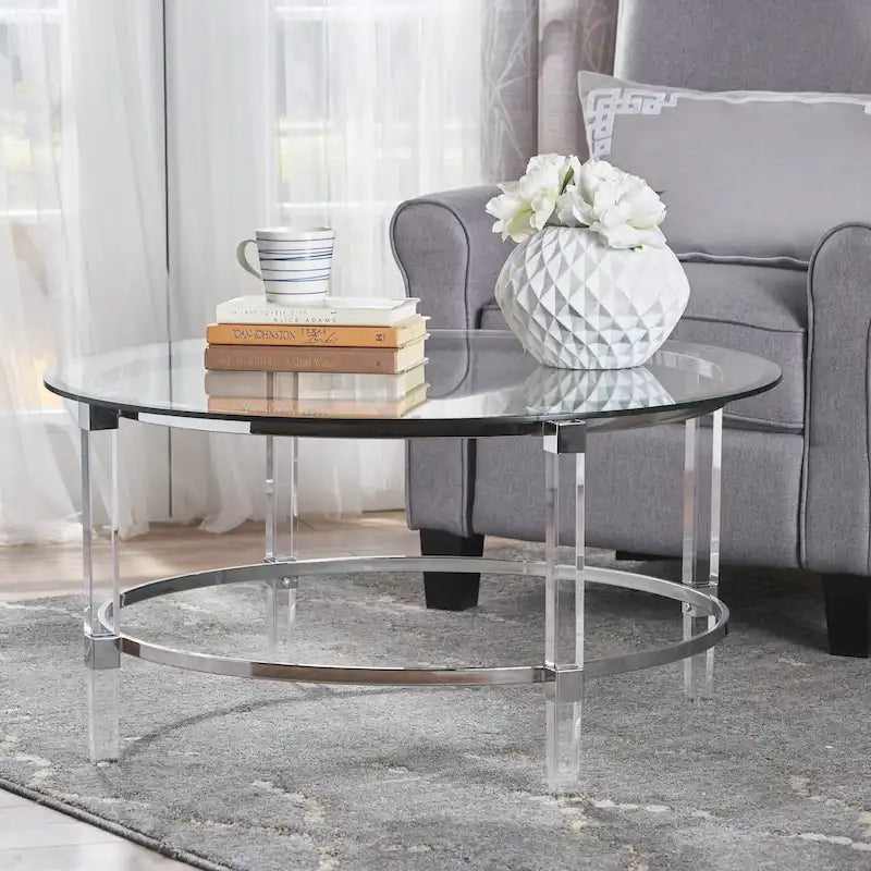 Table basse ronde moderne avec plateau translucide pour salon