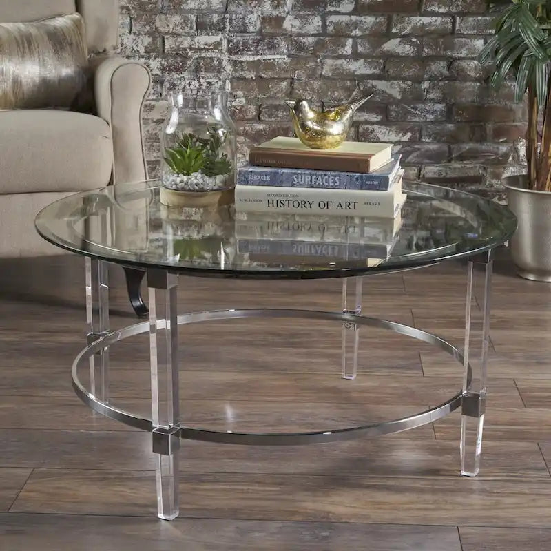 Table basse ronde moderne avec plateau translucide pour salon