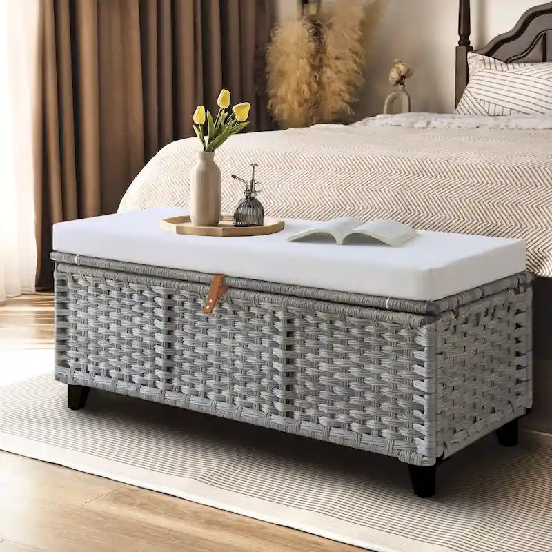 Banc de rangement en osier avec coussin pour chambre à coucher, salon, véranda