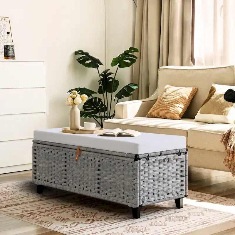Banc de rangement en osier avec coussin pour chambre à coucher, salon, véranda