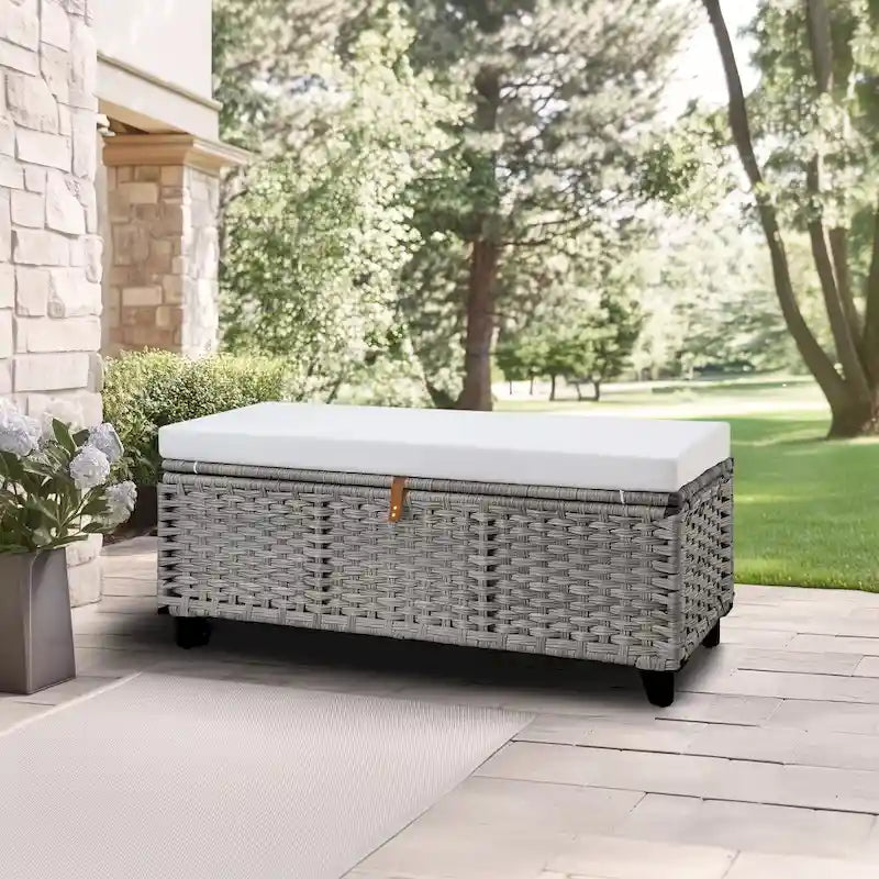 Banc de rangement en osier avec coussin pour chambre à coucher, salon, véranda