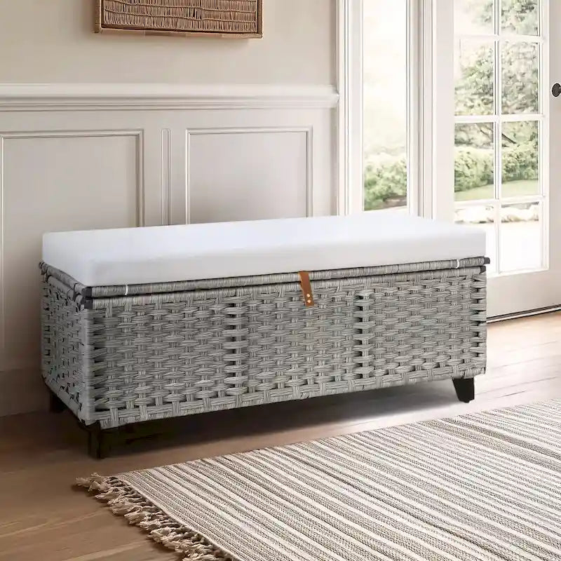 Banc de rangement en osier avec coussin pour chambre à coucher, salon, véranda