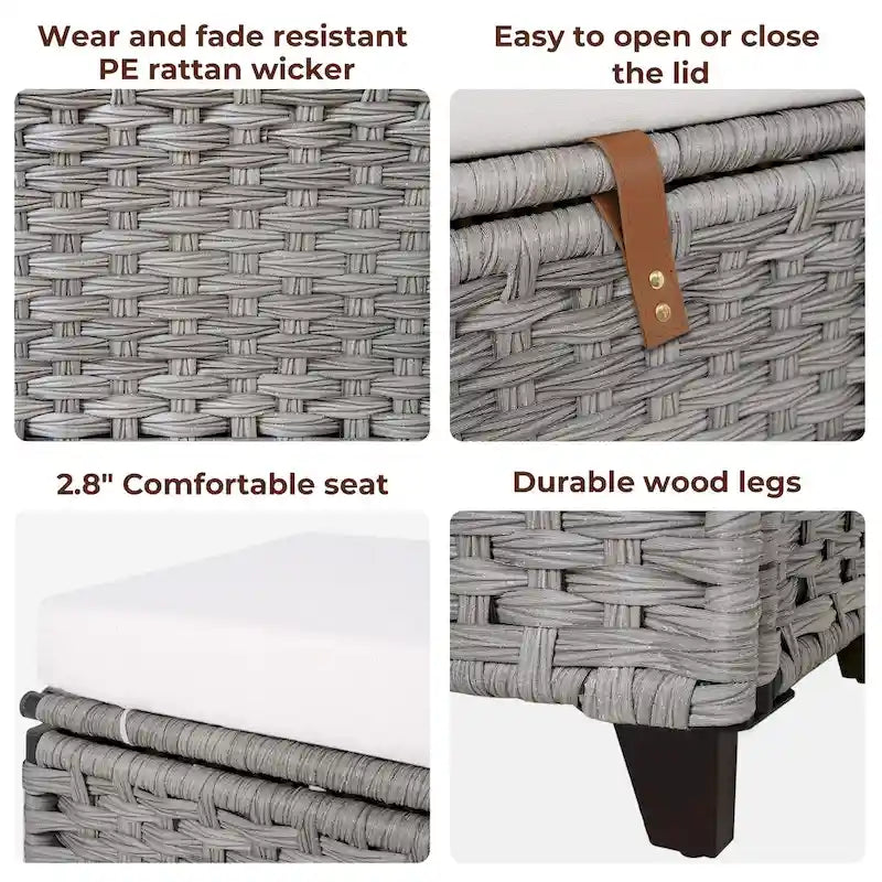Banc de rangement en osier avec coussin pour chambre à coucher, salon, véranda