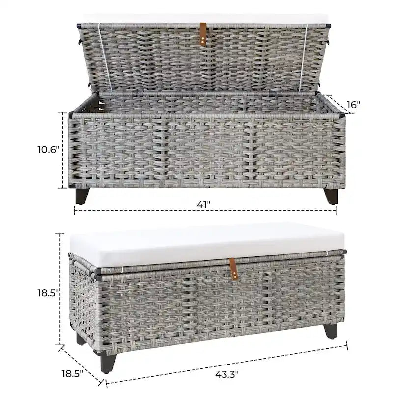 Banc de rangement en osier avec coussin pour chambre à coucher, salon, véranda