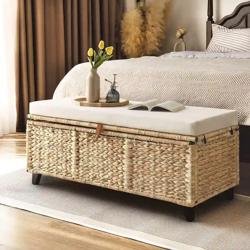 Banc de rangement en osier avec coussin pour chambre à coucher, salon, véranda