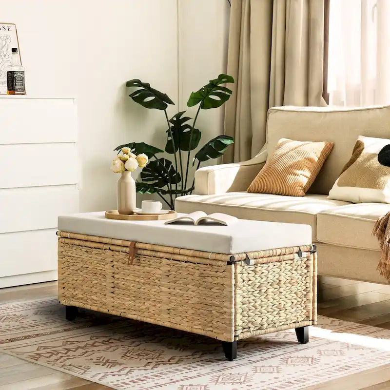 Banc de rangement en osier avec coussin pour chambre à coucher, salon, véranda