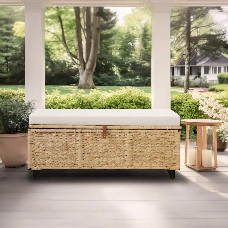 Banc de rangement en osier avec coussin pour chambre à coucher, salon, véranda