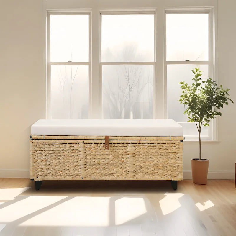 Banc de rangement en osier avec coussin pour chambre à coucher, salon, véranda
