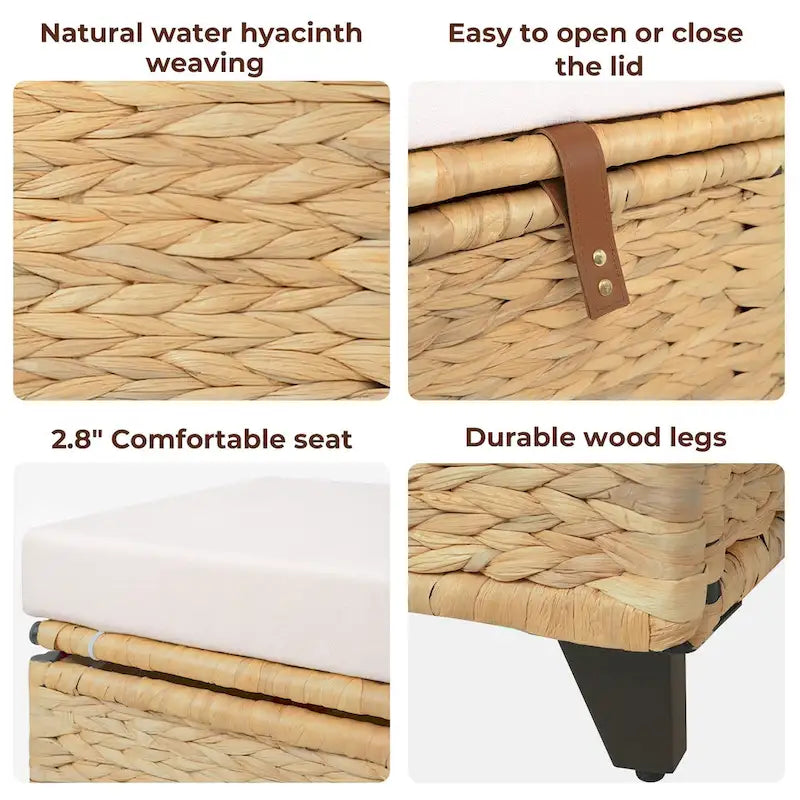 Banc de rangement en osier avec coussin pour chambre à coucher, salon, véranda