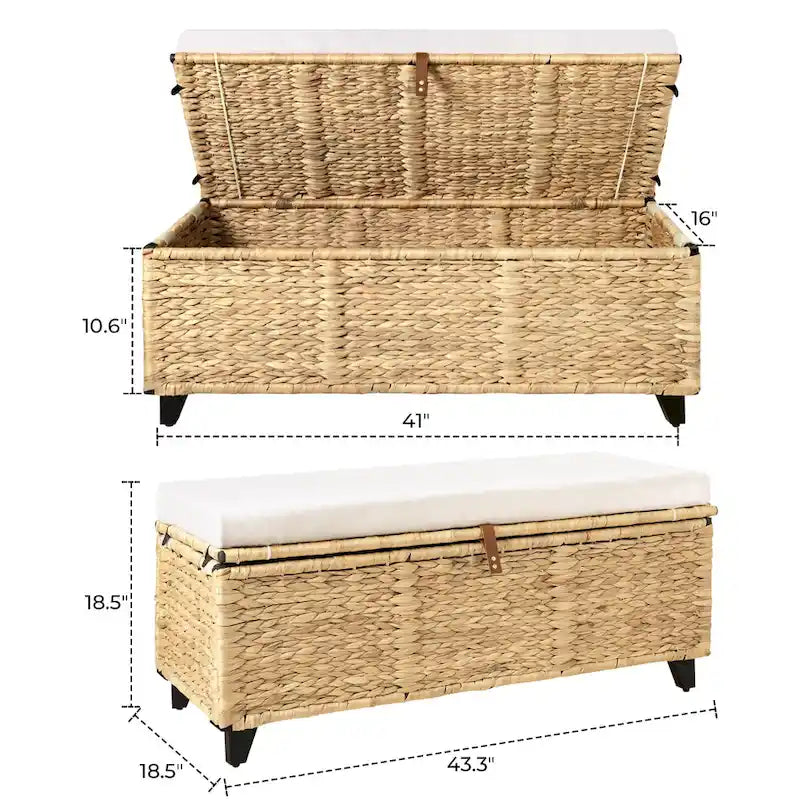 Banc de rangement en osier avec coussin pour chambre à coucher, salon, véranda