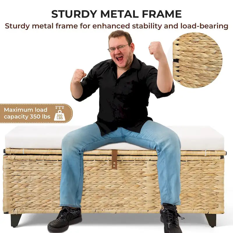 Banc de rangement en osier avec coussin pour chambre à coucher, salon, véranda