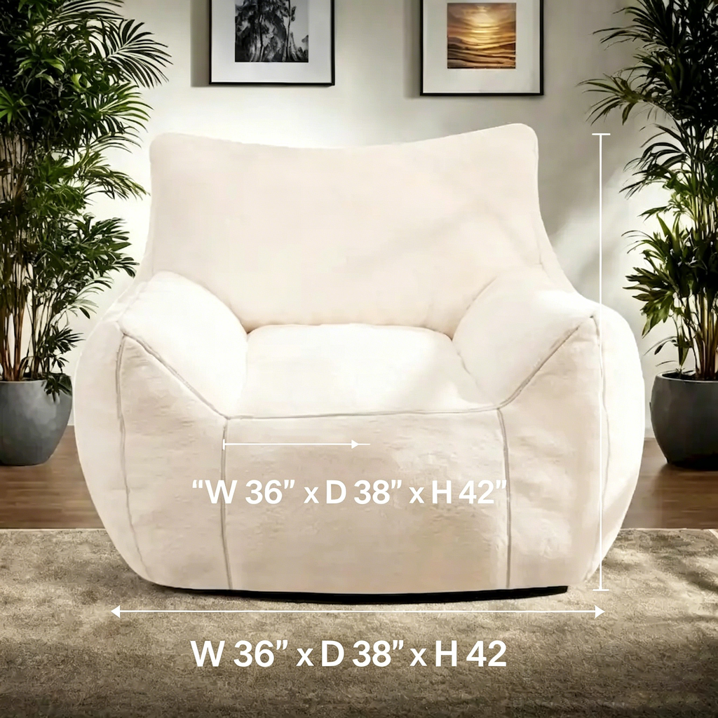 Pouf poire en fausse fourrure avec support dorsal, remplissage en mousse déchiquetée haute densité
