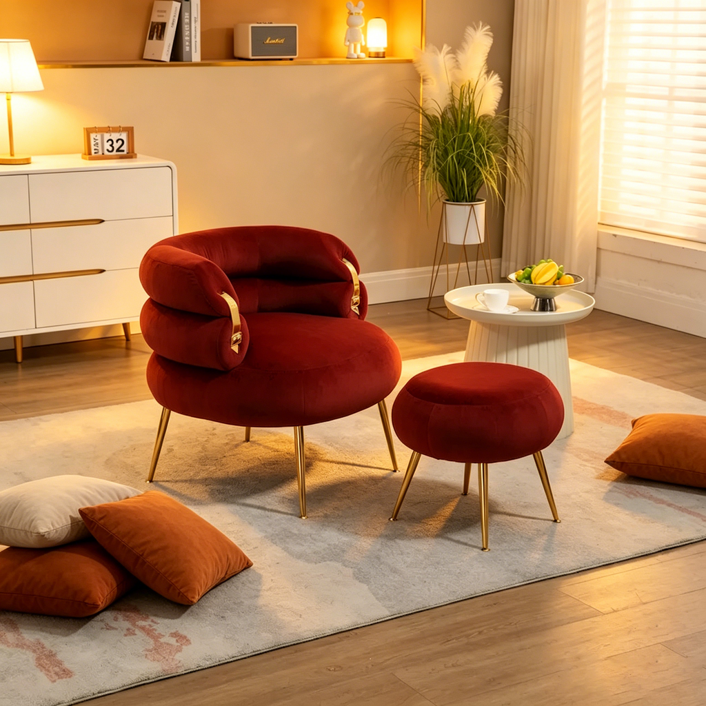 Fauteuil tonneau moderne rouge lie-de-vin de 73,9 cm avec pouf